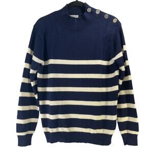 Kirundo Navy & White Striped Mock Neck Sweater Shoulder Button Accent Size S